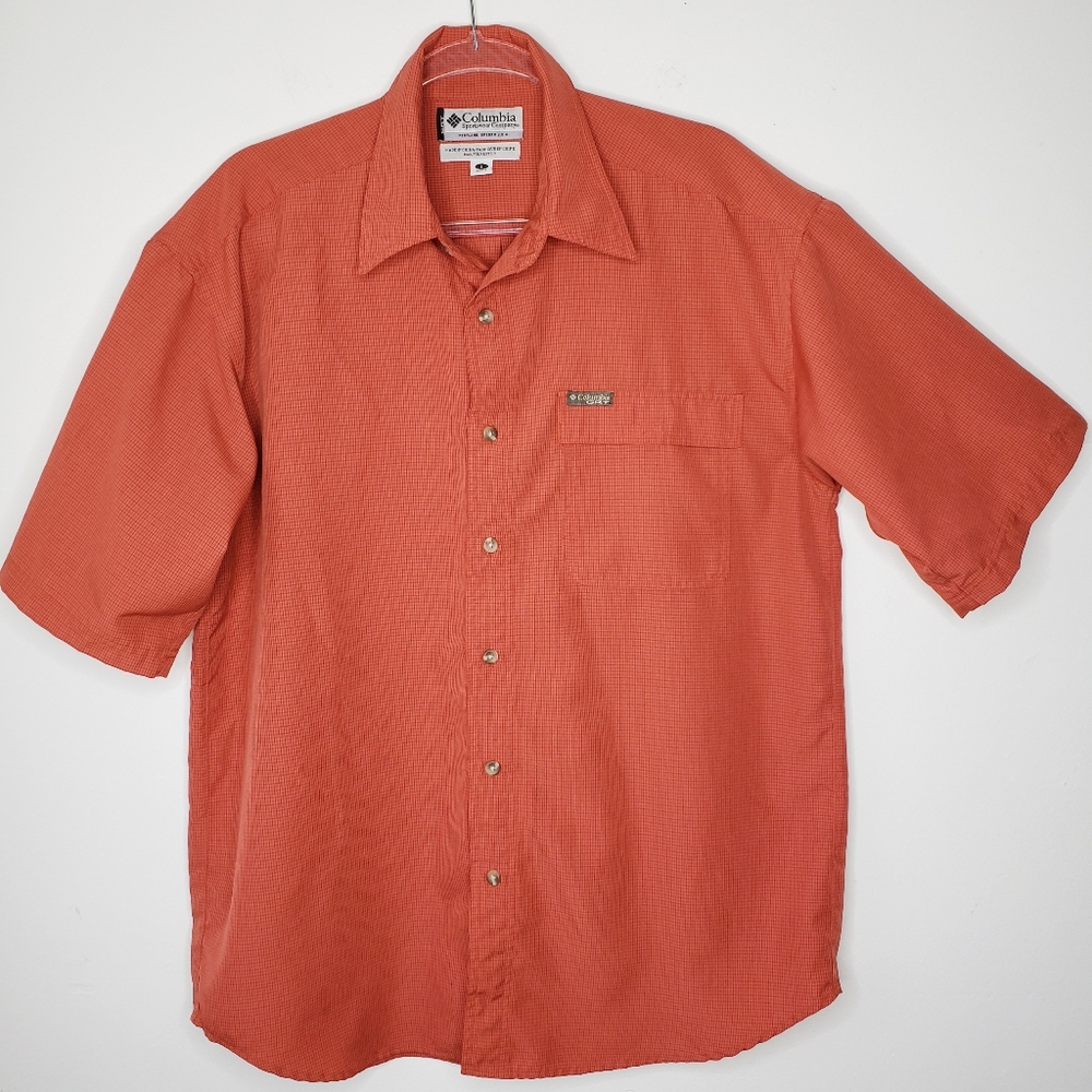 Columbia GRT Omni Dri Shirt Size Large Orange Short Sleeve Button Up Outdoor